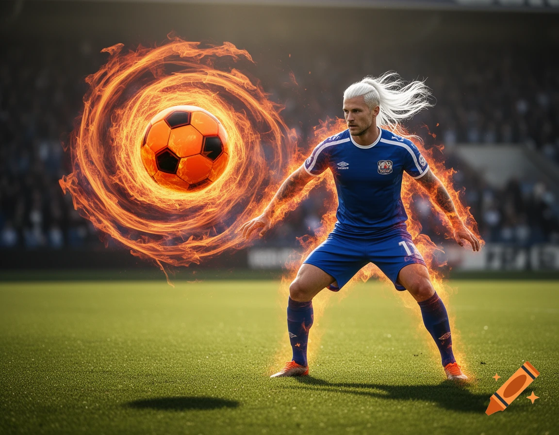 A male soccer player with white hair, surrounded by fire, controls a fiery soccer ball in a vortex on a green field.