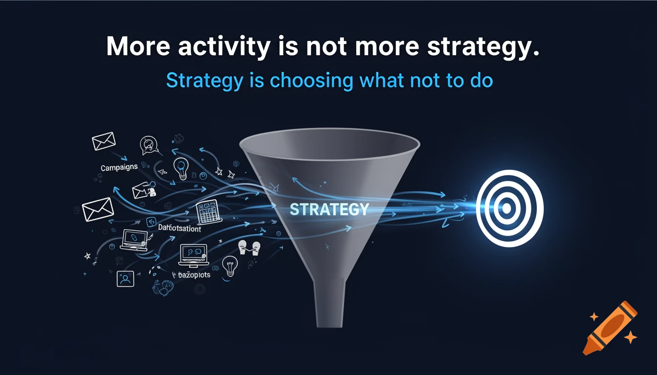 A dark business infographic with a funnel showing chaotic icons of emails and tasks on the left converging into a target labeled 'STRATEGY'. Text reads: 'More activity is not more strategy. Strategy is choosing what not to do.'