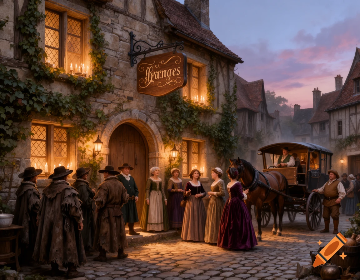 A photorealistic scene of people gathered outside a lit stone inn with a sign, next to a horse-drawn carriage in a 17th-century French village at dusk.