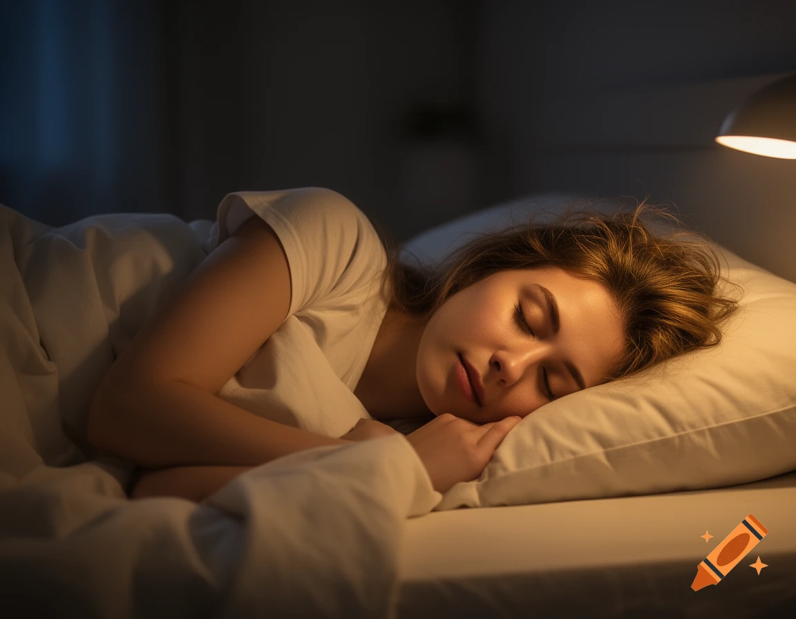 Photorealistic image of a woman sleeping peacefully on her side in bed at night, illuminated by a bedside lamp.