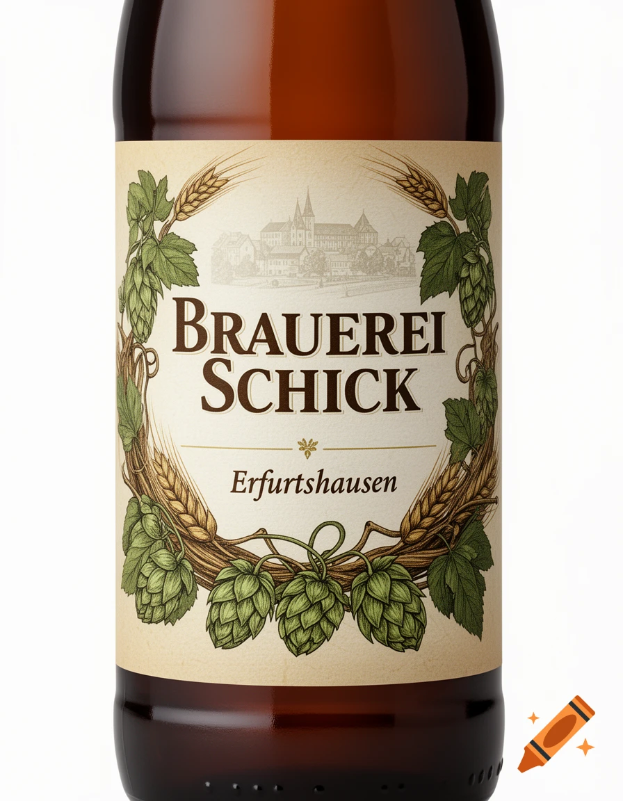 Close-up of a beer bottle with a cream label featuring a hops and wheat wreath, a town illustration, and 'BRAUEREI SCHICK Erfurtshausen' text.