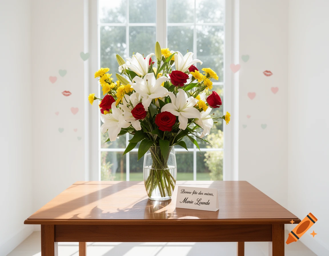A vibrant bouquet of white lilies, red roses, and yellow flowers in a glass vase on a wooden table with a 'Bonne fête des mères' card, in a bright room with window and wall decorations.