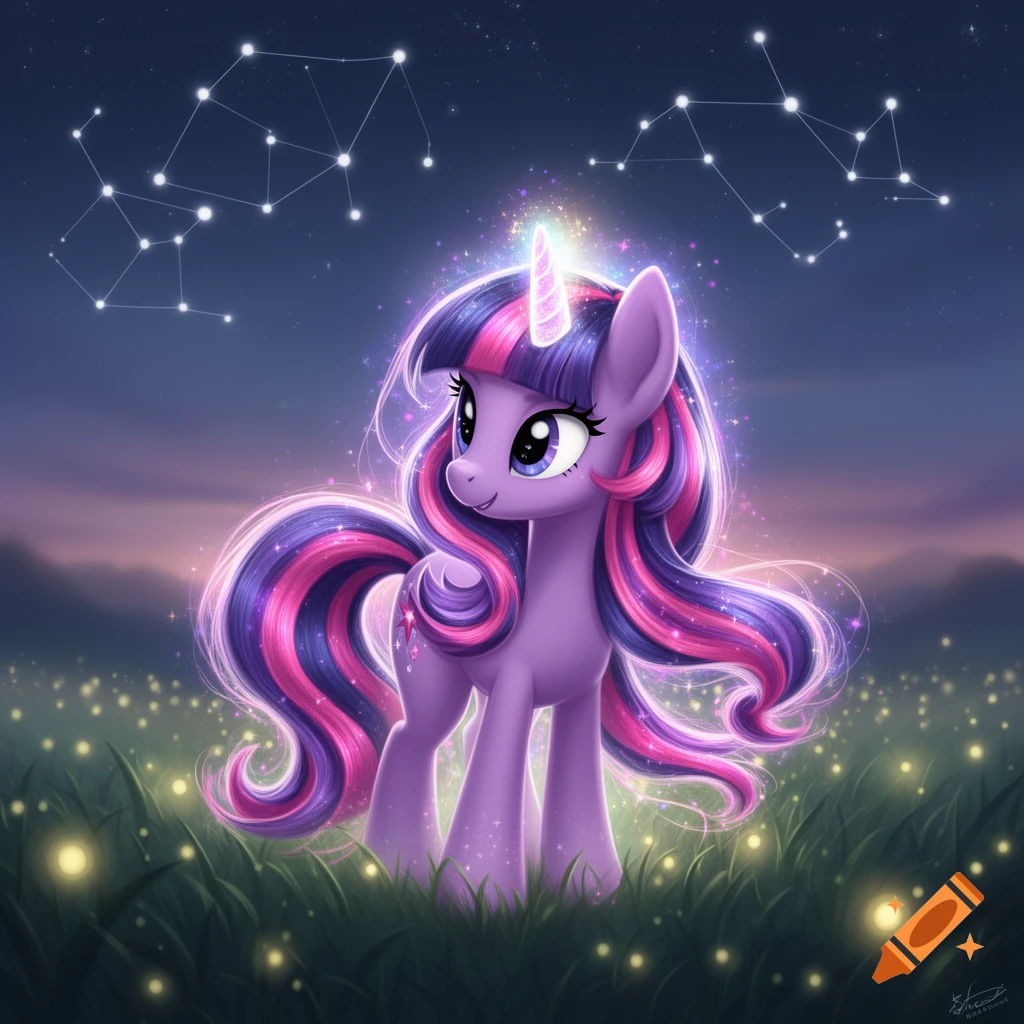 Twilight Sparkle, a purple unicorn with a pink and purple mane, stands in a grassy field with fireflies under a starry night sky with constellations.