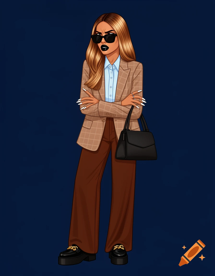 A vector illustration of an irritated Latina woman with black glossy lips and nails, wearing a plaid blazer, striped shirt, brown wide-leg pants, platform loafers, and sunglasses, with arms crossed.