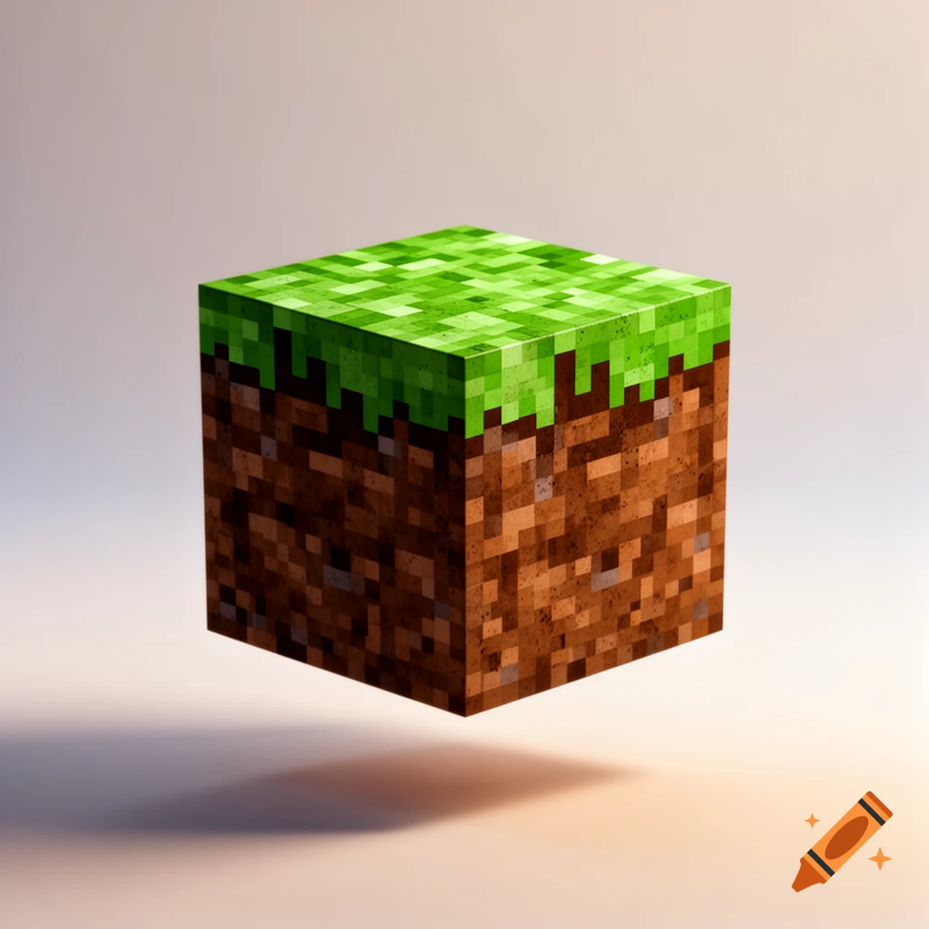 A floating, pixelated Minecraft dirt block with green grass on top, rendered in 3D against a plain background.