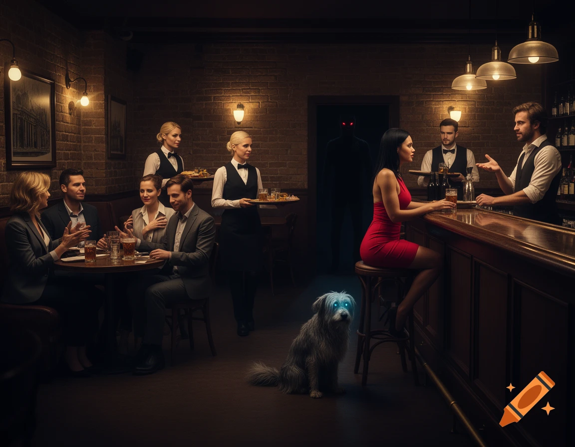 A dimly lit bar scene with patrons, waiters, a bartender, a glowing-eyed dog, and a red-eyed shadowy figure in a doorway.