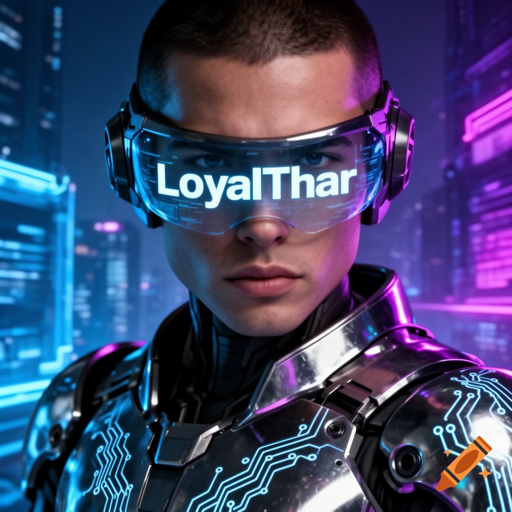 A man in futuristic gear with 'LoyalThar' glowing on his visor, wearing cybernetic armor against a neon city background.