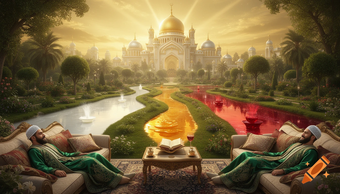 Two men in green robes relax by colorful rivers in a lush garden, with a grand golden palace under a radiant sky.