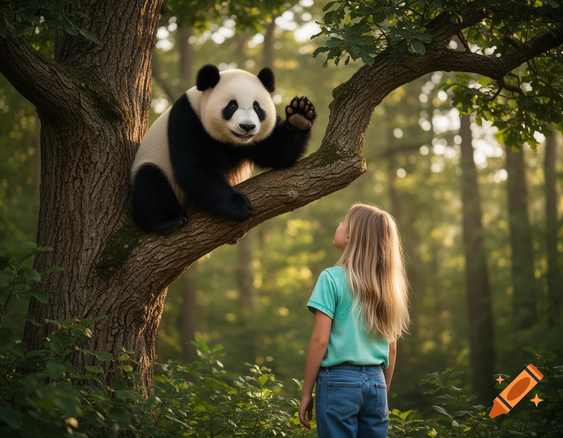 A panda on a tree branch waves at a girl standing below, seen from behind, in a sunlit forest.