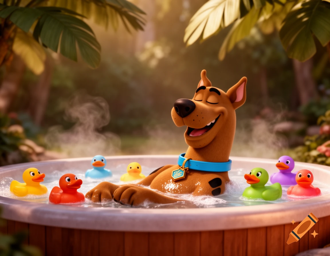 Scooby-Doo relaxing in a bubbly hot tub with several colorful rubber ducks in a lush jungle setting, 3D animation style.