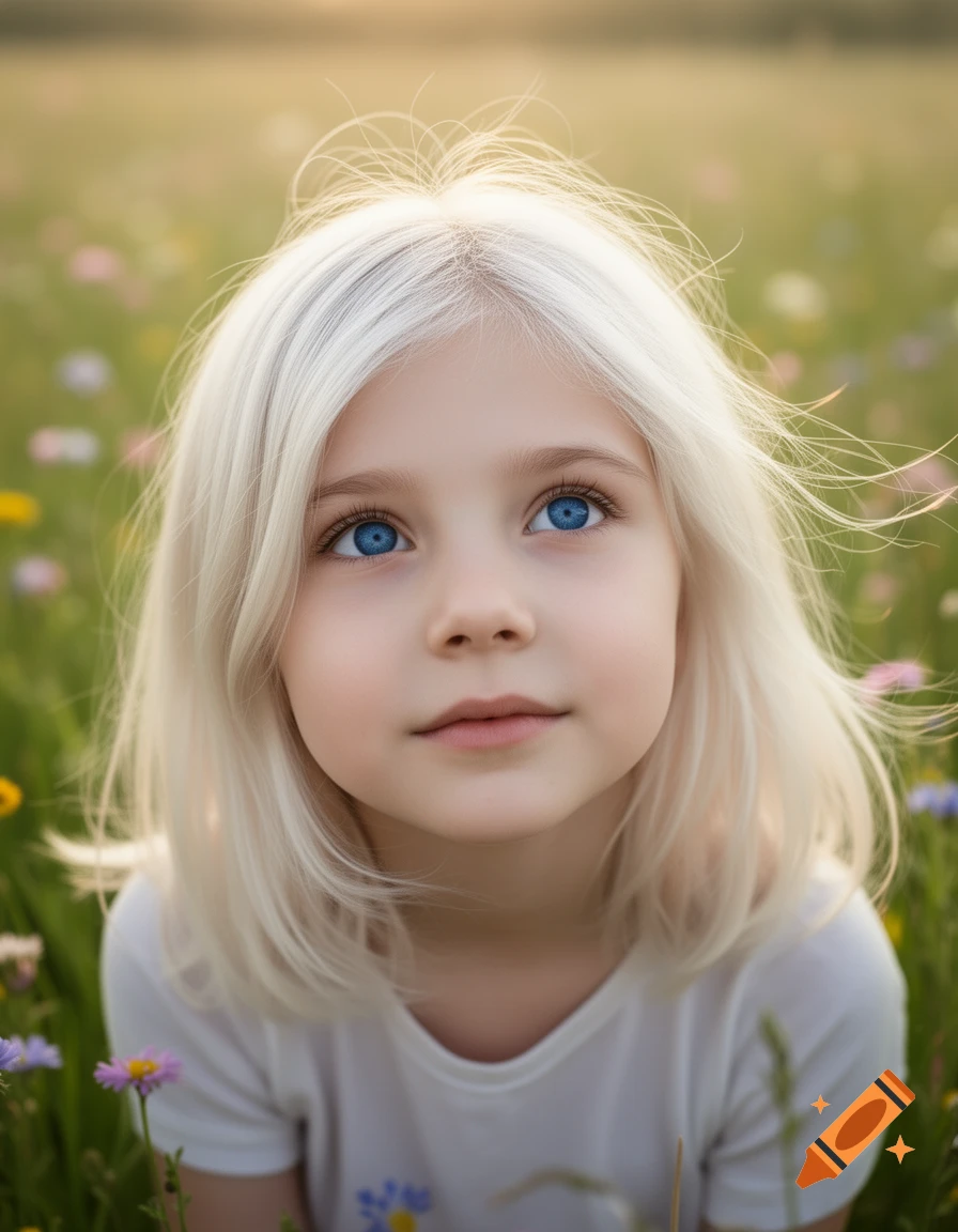 A photorealistic portrait of a young girl with white hair and bright blue eyes, looking up in a field of wildflowers.