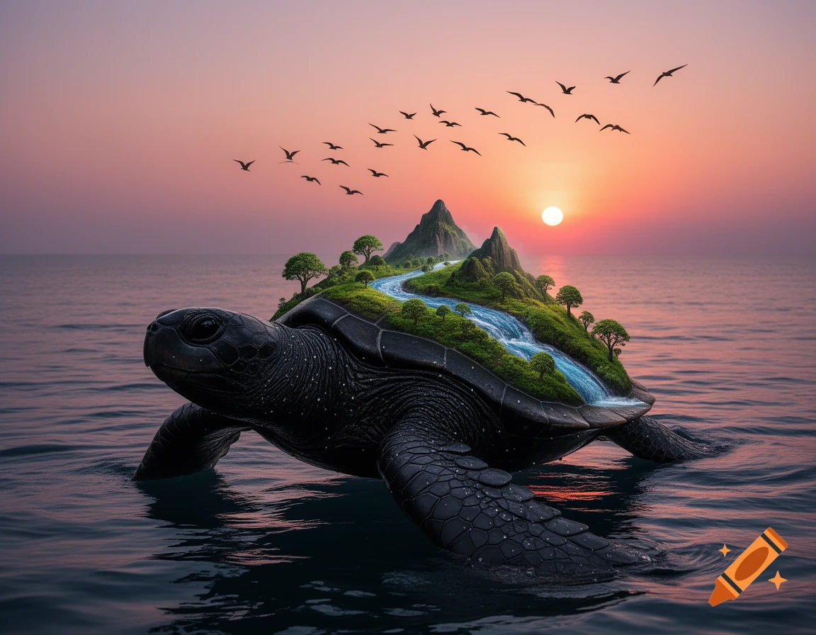 A majestic black turtle swims in the ocean, carrying a vibrant landscape with mountains and a river on its shell, under a stunning sunset with silhouetted birds.