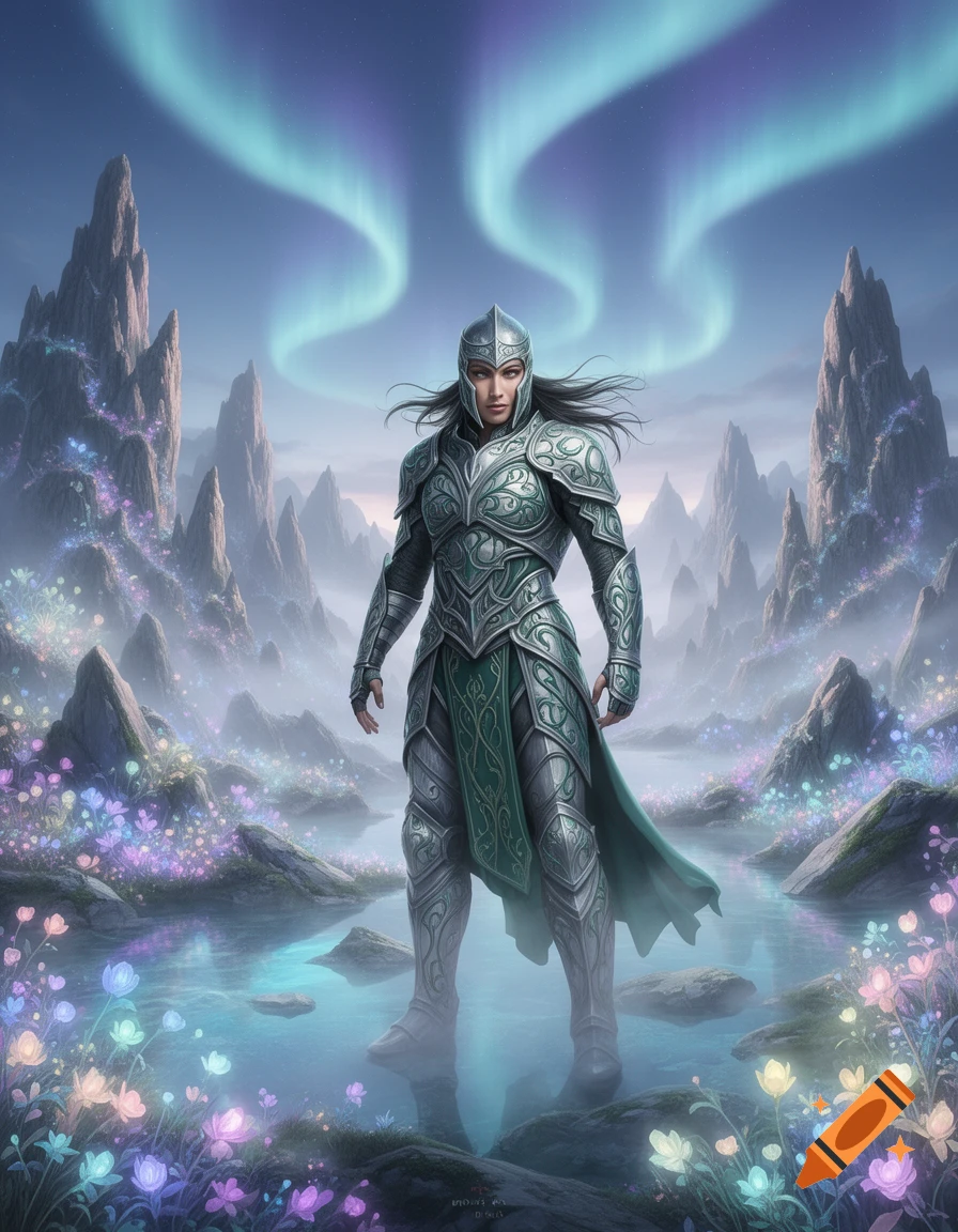 A person in ornate green and silver armor stands in a magical landscape with glowing flowers, mountains, and an aurora in the sky.