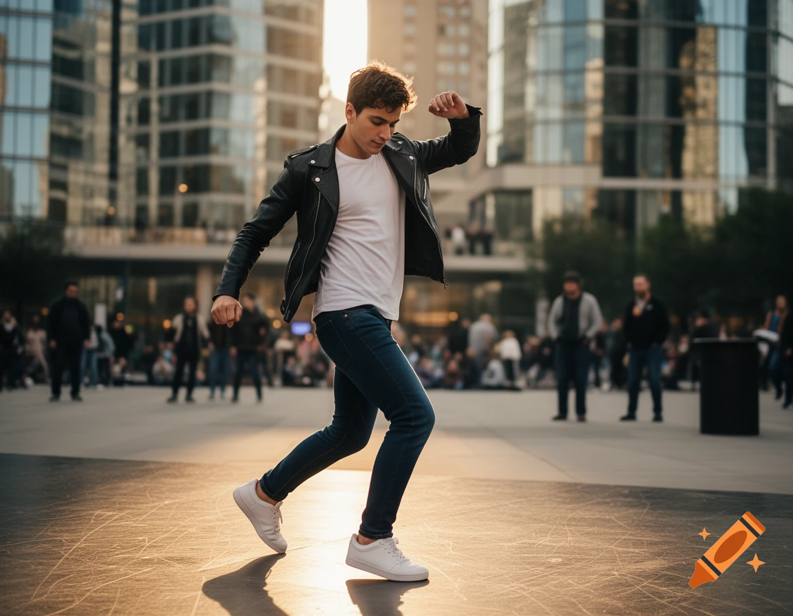 A young man in a white t-shirt and black leather jacket dances in a sunlit urban square with buildings in the background.