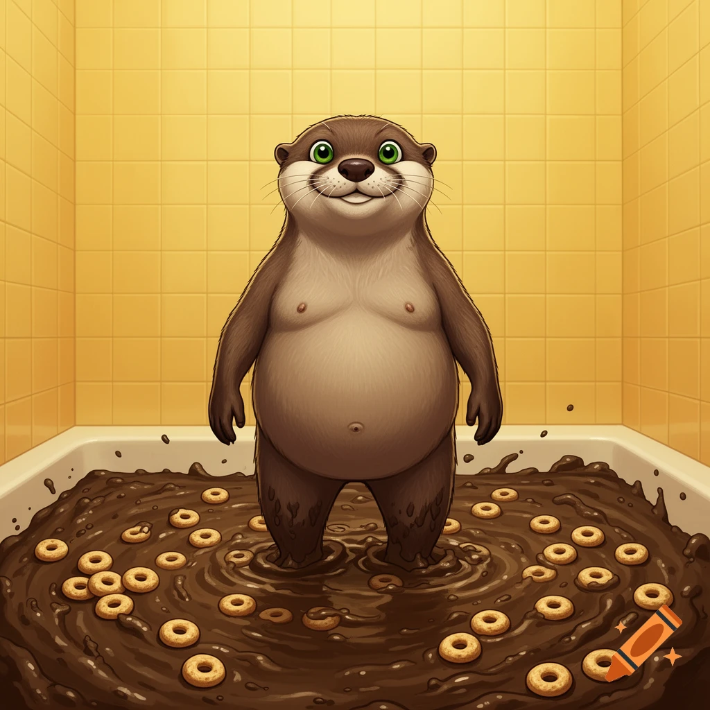 A smiling, obese, anthropomorphic otter stands in a bathtub filled with dark brown mud and Cheerios, against yellow tiled walls.
