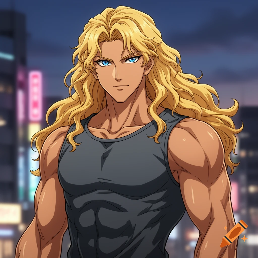 A muscular anime man with long blond hair and blue eyes wears a gray tank top against a blurred city night background.