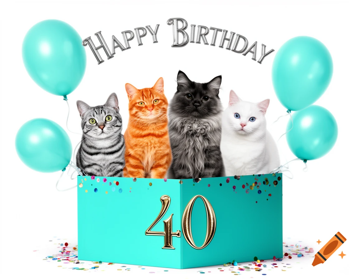 Four cats, a grey tabby, an orange tabby, a black and grey long-haired, and a white cat, sitting in a turquoise gift box with a gold '40' on it. Turquoise balloons and confetti surround the box, with "Happy Birthday" text above, all on a white background.