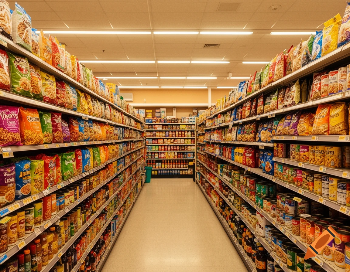 A long aisle in a supermarket filled with shelves stacked high with various colorful food packages and products.