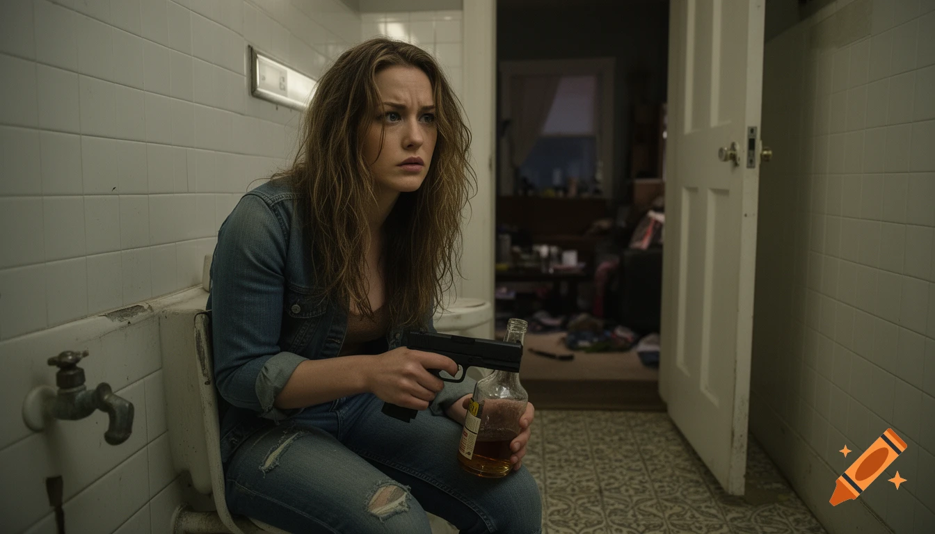 A distressed woman in a dingy bathroom holds a pistol and a bottle of alcohol, looking nervously to the side.