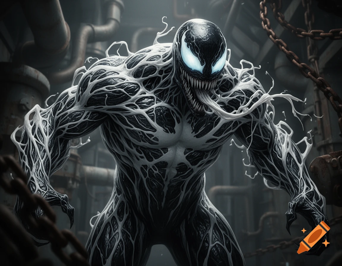 A detailed, dynamic depiction of the Anti-Venom symbiote character with glowing eyes, sharp teeth, and white tendrils over a black body, set against a dark, industrial background with chains.