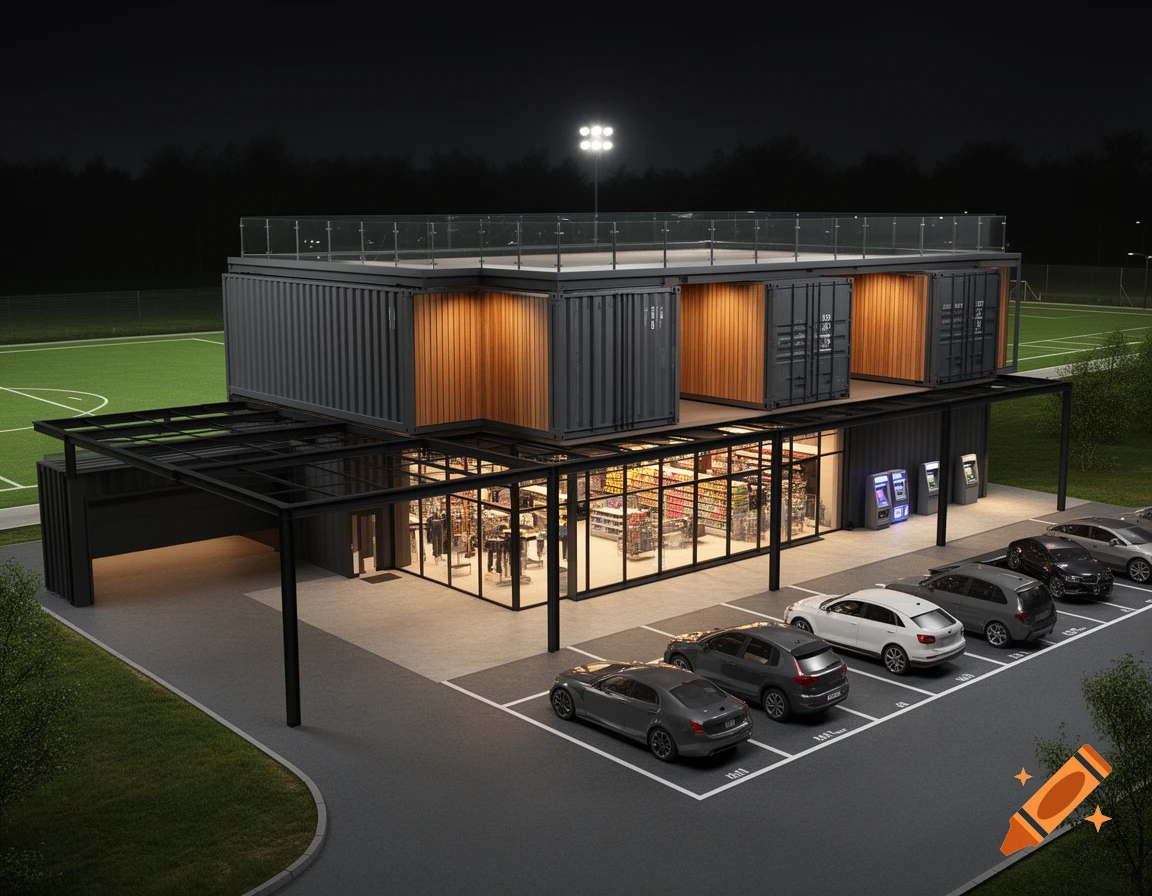 Modern shipping container complex at night with a supermarket, parking, and adjacent soccer field.