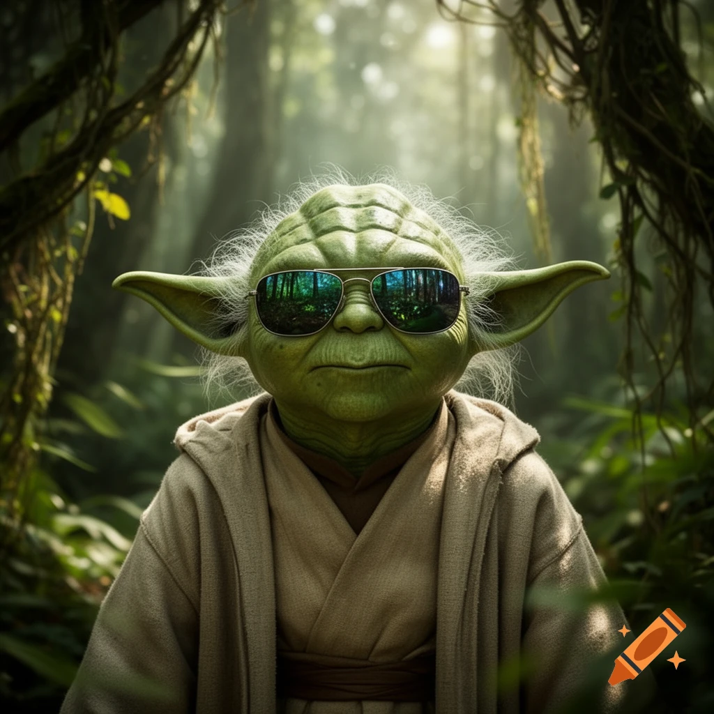 Photorealistic image of Yoda wearing cool aviator sunglasses, looking forward in a lush, misty jungle.