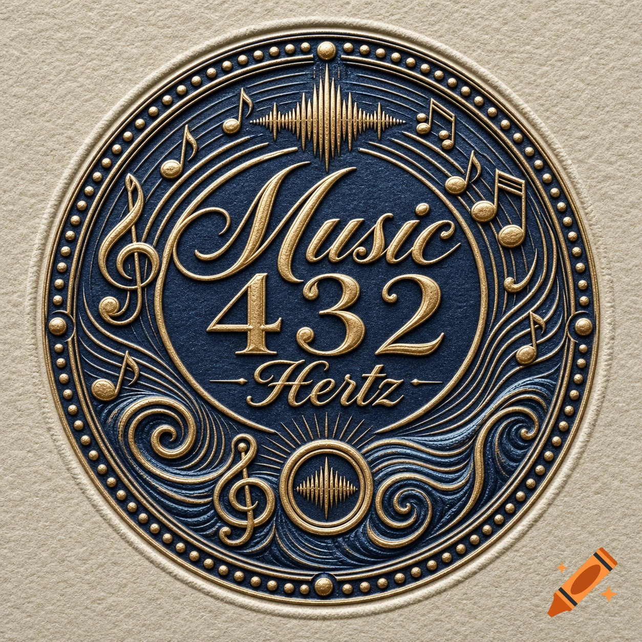 Gold and blue embossed circular label with 'Music 432 Hertz' text, musical notes, and sound wave patterns on a beige textured background.