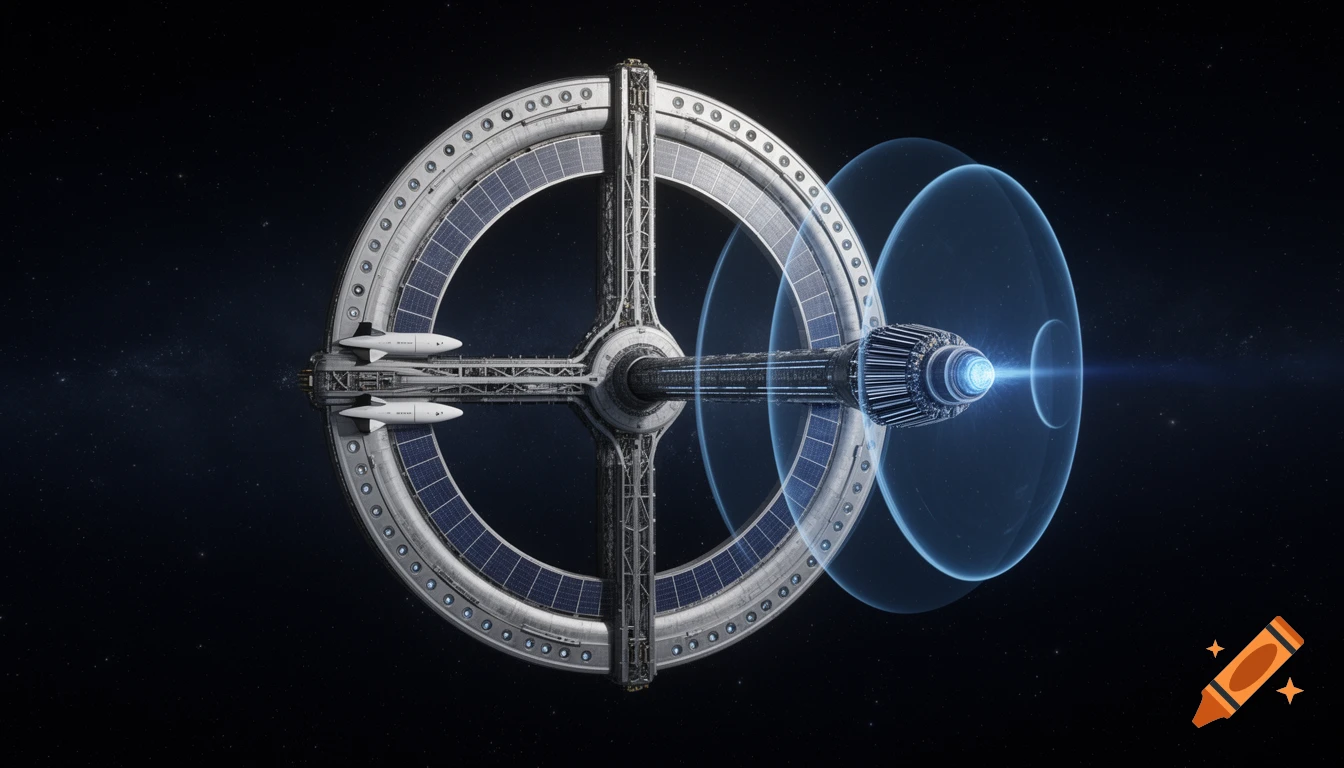 Photorealistic image of a futuristic circular spaceship in deep space, featuring solar panels, docked Starships, an engine, and a blue deflector shield.