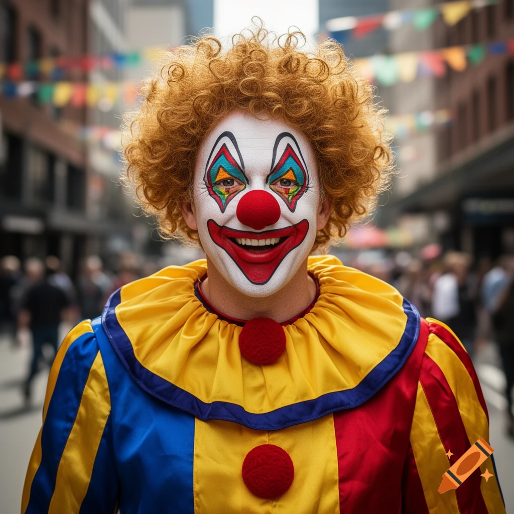 A smiling clown with a red curly wig, colorful costume, white face paint, and a red nose stands on a blurry city street with festive banners.