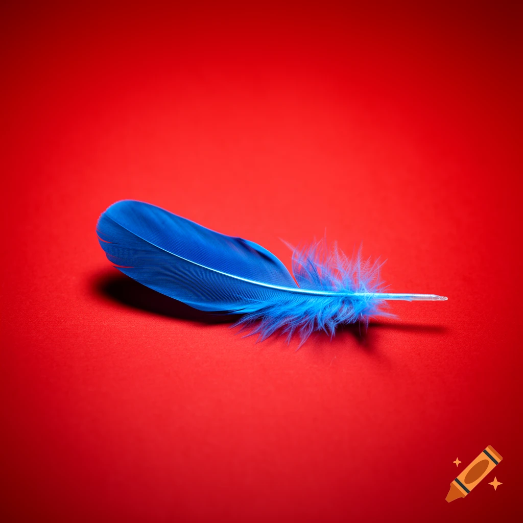 A vibrant blue feather rests diagonally on a bright red background, with soft shadows underneath.