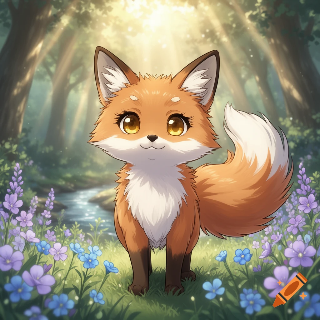 A cute anime fox with big golden eyes stands in a sunlit forest clearing filled with purple and blue flowers.