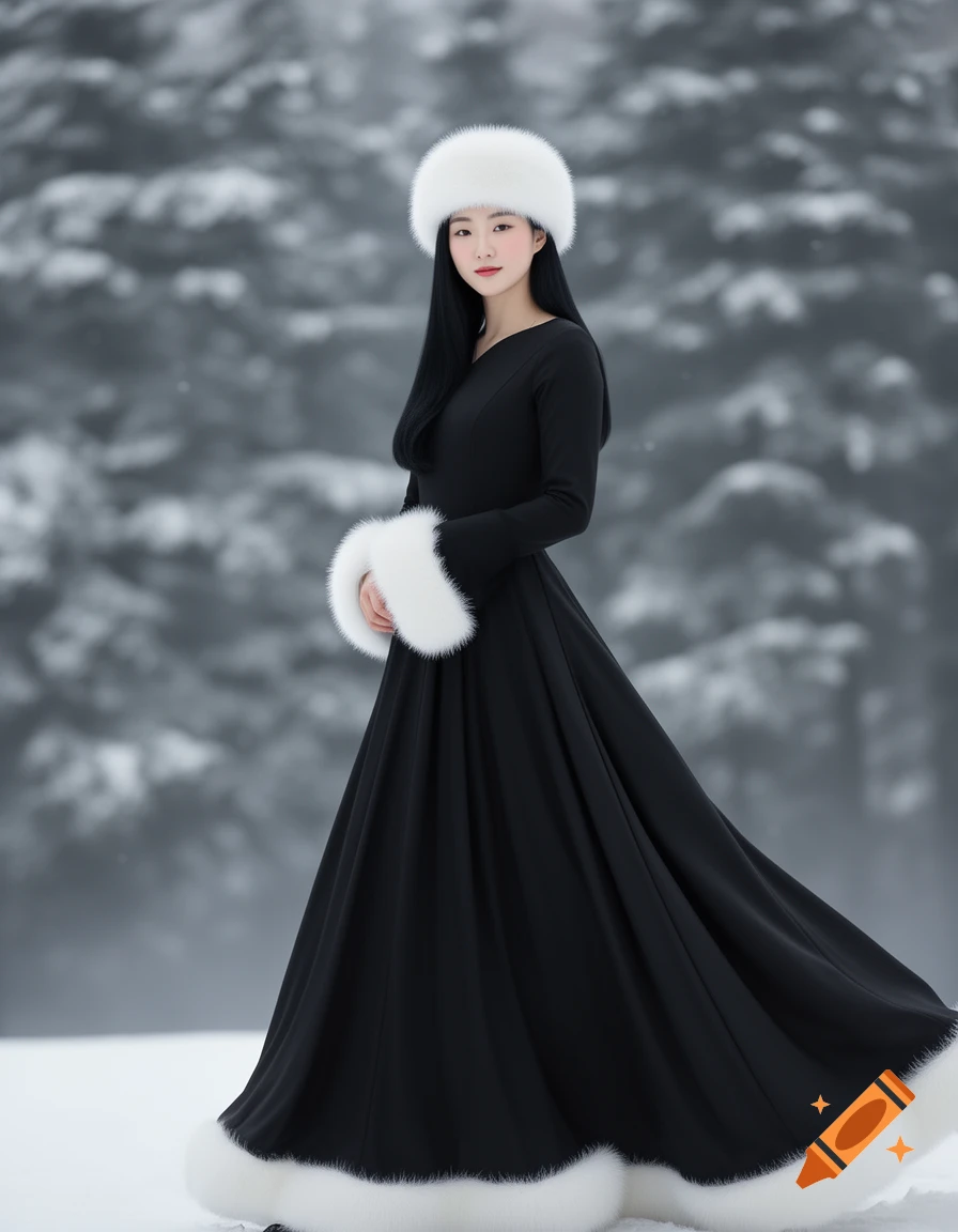 A Korean woman in a long black dress with white fur trims and hat stands in a snowy forest.