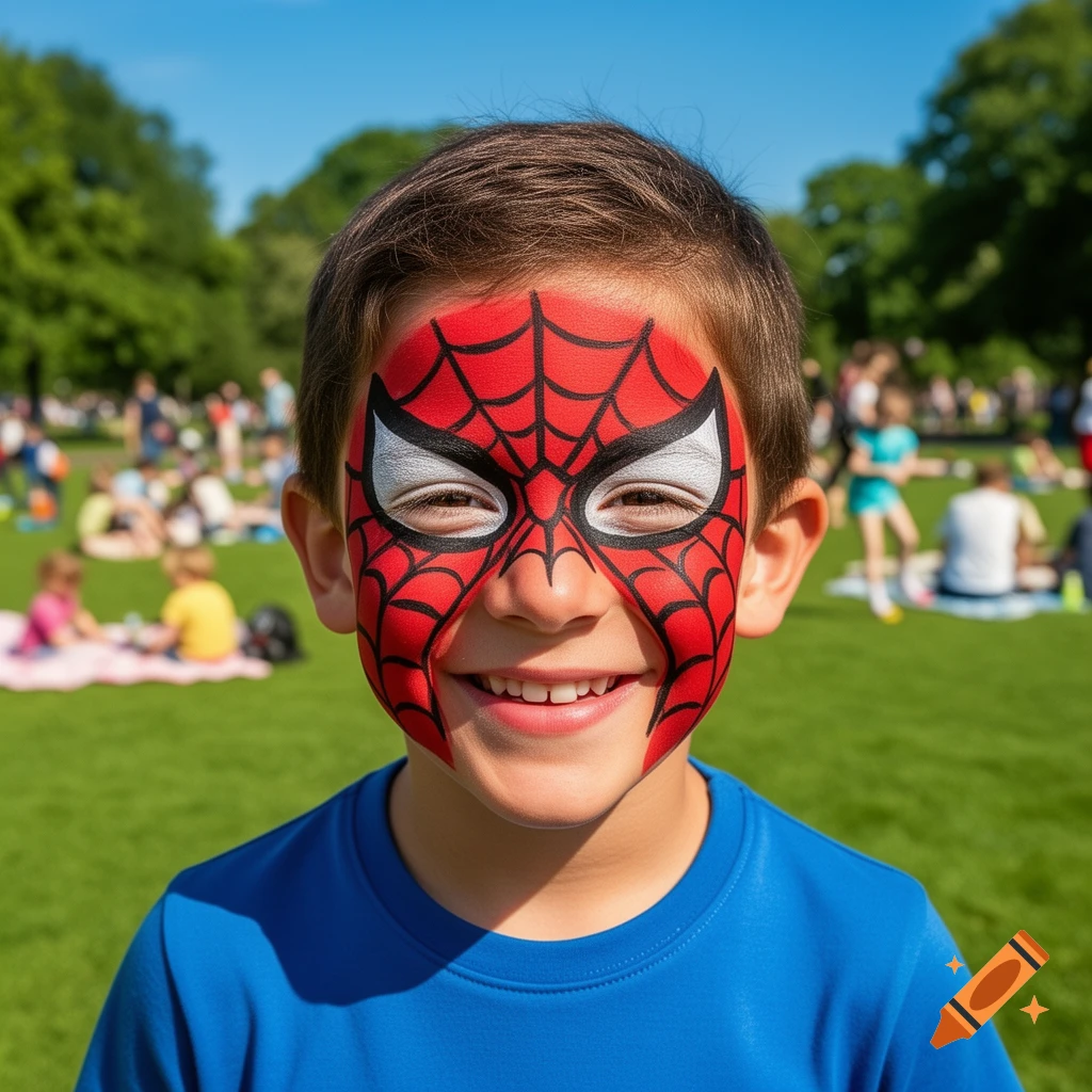Smiling child with Spider-Man face paint in a sunny park with people in the background.