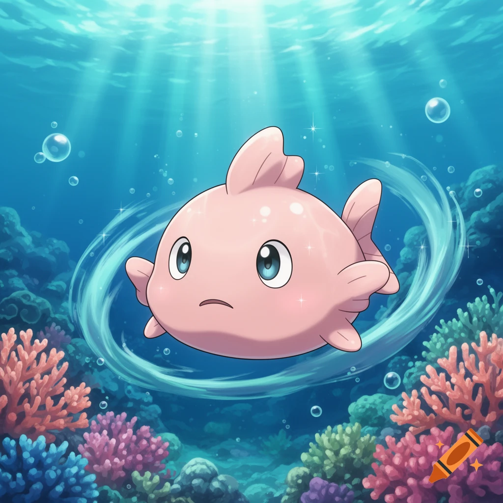 A cute pink blobfish Pokémon swims in a vibrant anime-style underwater coral reef.