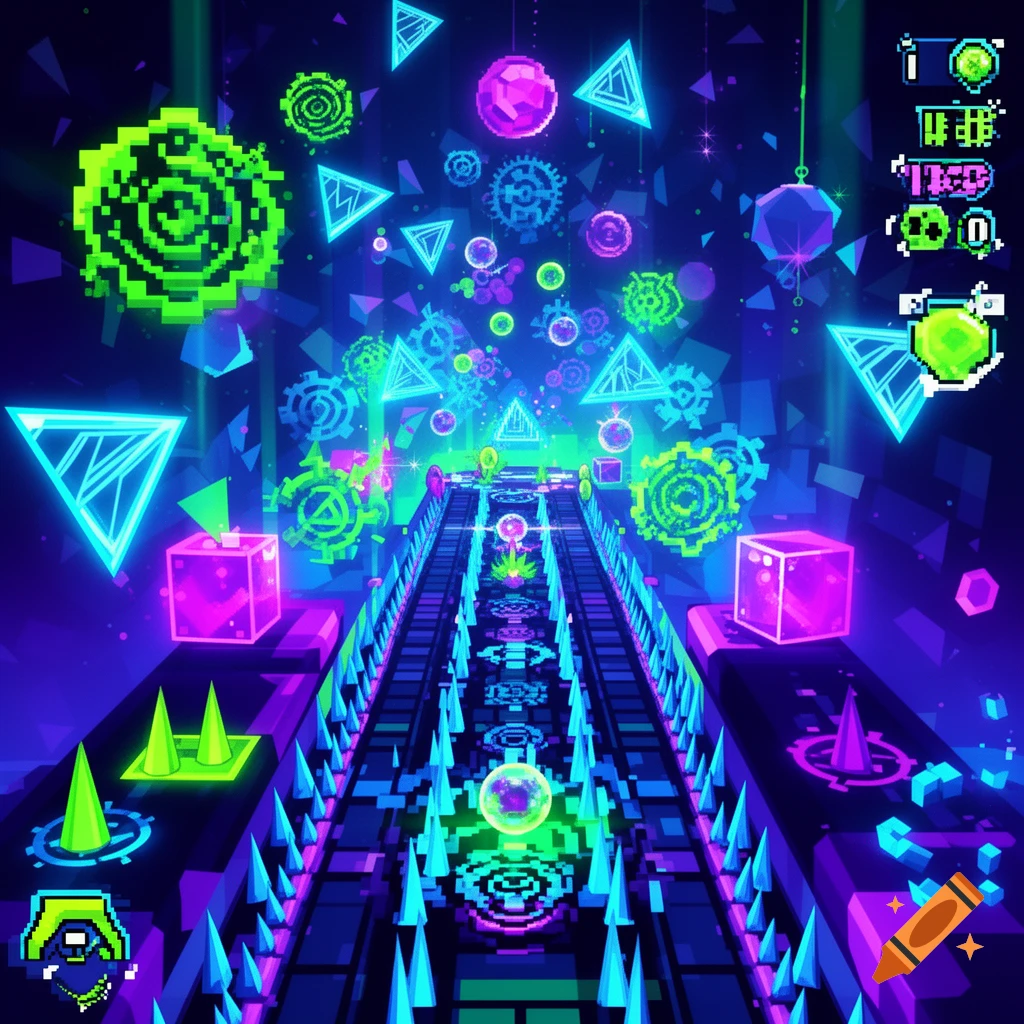 A vibrant, neon-lit pixel art video game level with a long track, geometric obstacles, and floating abstract shapes.