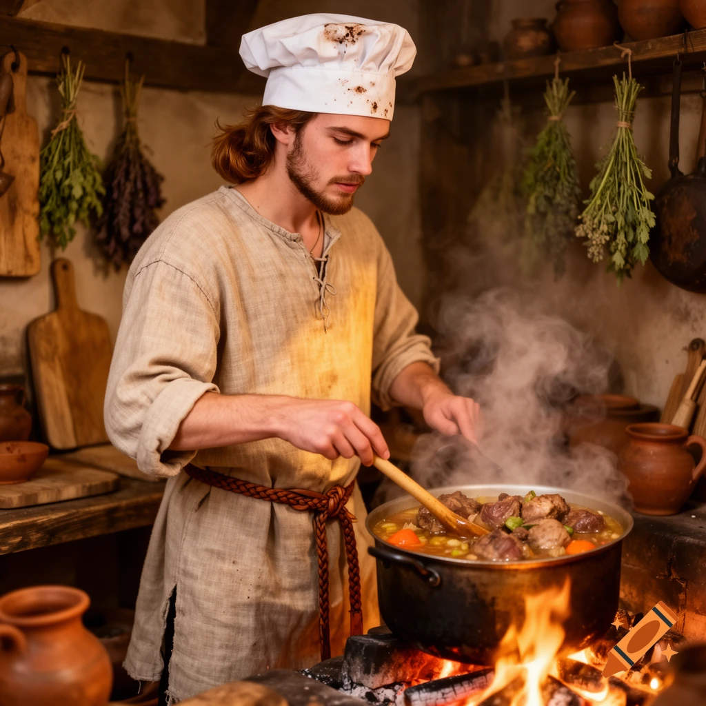 A young medieval chef with long hair and a short beard stirs a simmering stew in a pot over an open fire in a rustic kitchen.