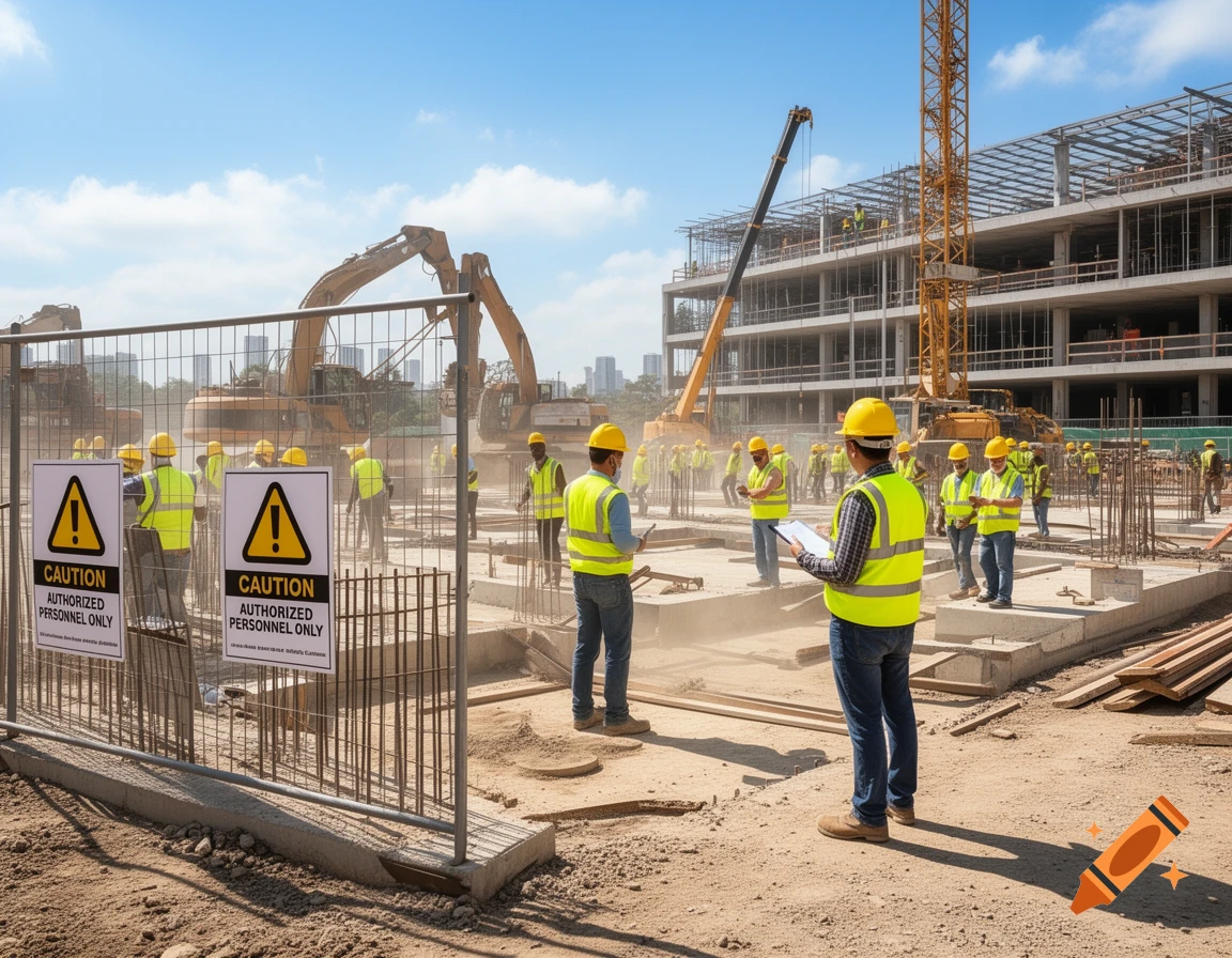 Photorealistic image of a busy construction site with workers in hard hats and safety vests, excavators, and a building frame.