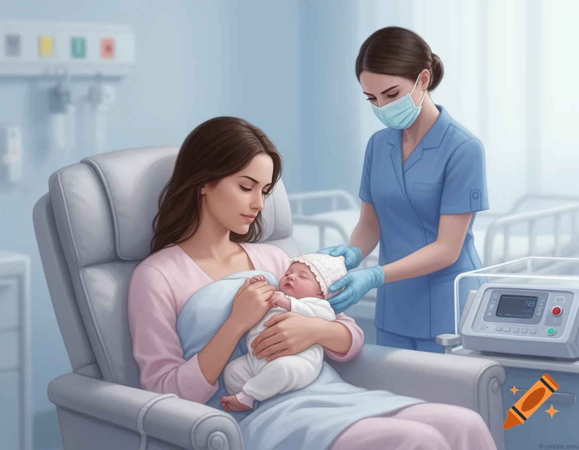 A mother holds her newborn baby in a hospital chair while a nurse attends. Digital illustration.