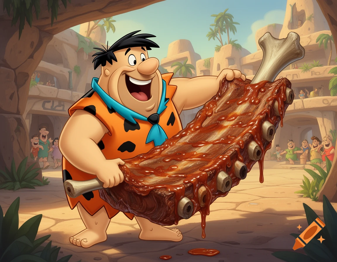 Happy cartoon Fred Flintstone holds a giant, saucy brontosaurus rib in a prehistoric village.