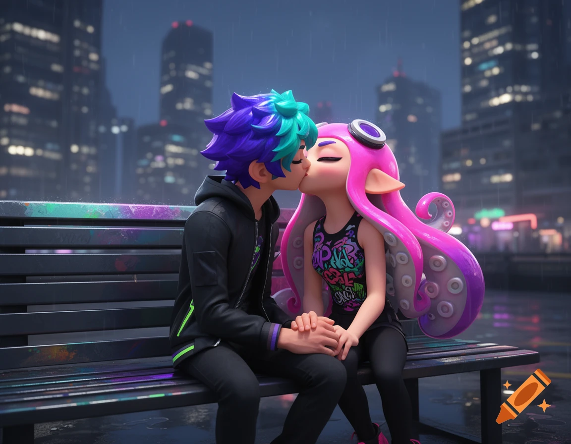 Two anime-style Octoling characters, a male with blue and purple hair and a female with pink tentacles, kiss on a city bench in the rain.