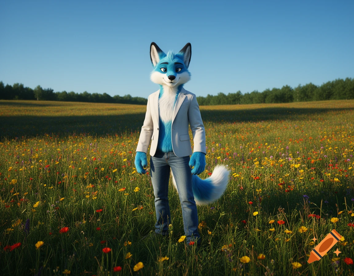 A blue and white furry character wearing a white blazer and jeans stands in a vibrant field of wildflowers.