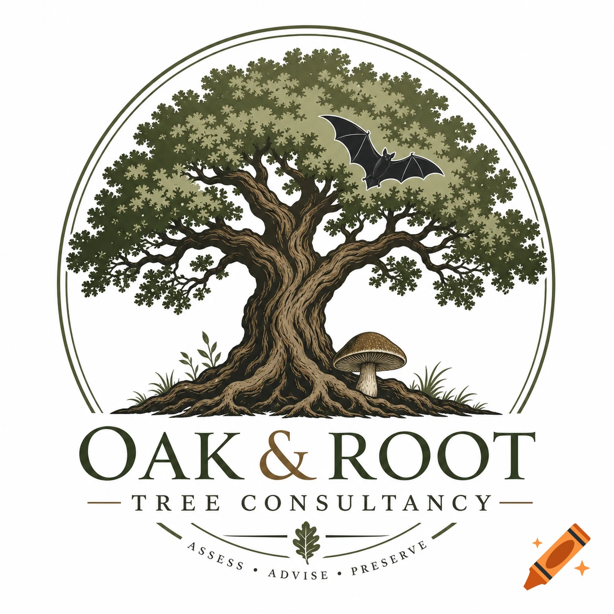 Circular logo for Oak & Root Tree Consultancy, featuring an oak tree ...