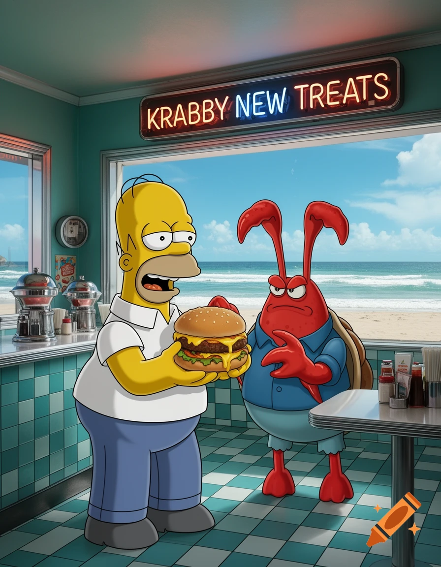 Homer Simpson holds a large burger while Mr. Krabs looks on in a retro diner overlooking a beach.