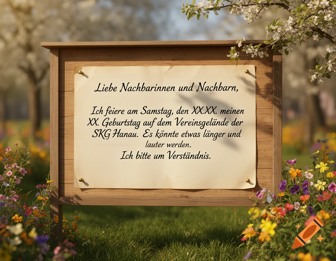 A wooden sign with a paper announcement, surrounded by colorful flowers and trees in a sunny garden.