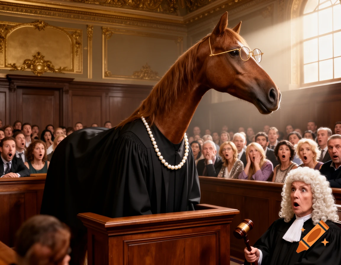 Photorealistic horse in judge's robes and glasses stands on a witness stand in a courtroom, facing a shocked judge and jury.