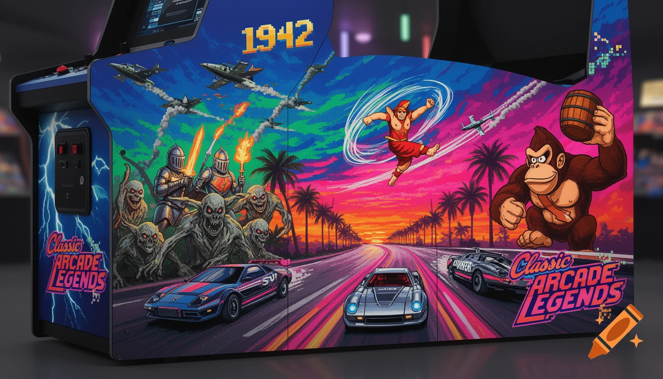 An arcade machine with colorful pixel art side panels depicting a collage of classic video games like 1942, Out Run, Ghost 'n Goblins, Kung-Fu Master, Spy Hunter, and Donkey Kong.