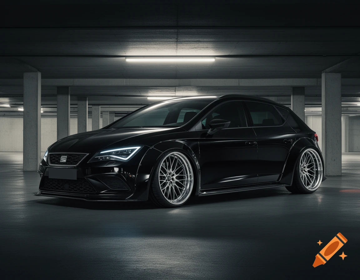 A sleek black modified Seat Leon hatchback with wide body kit and chrome multi-spoke wheels, parked in a dark underground garage. Photorealistic.