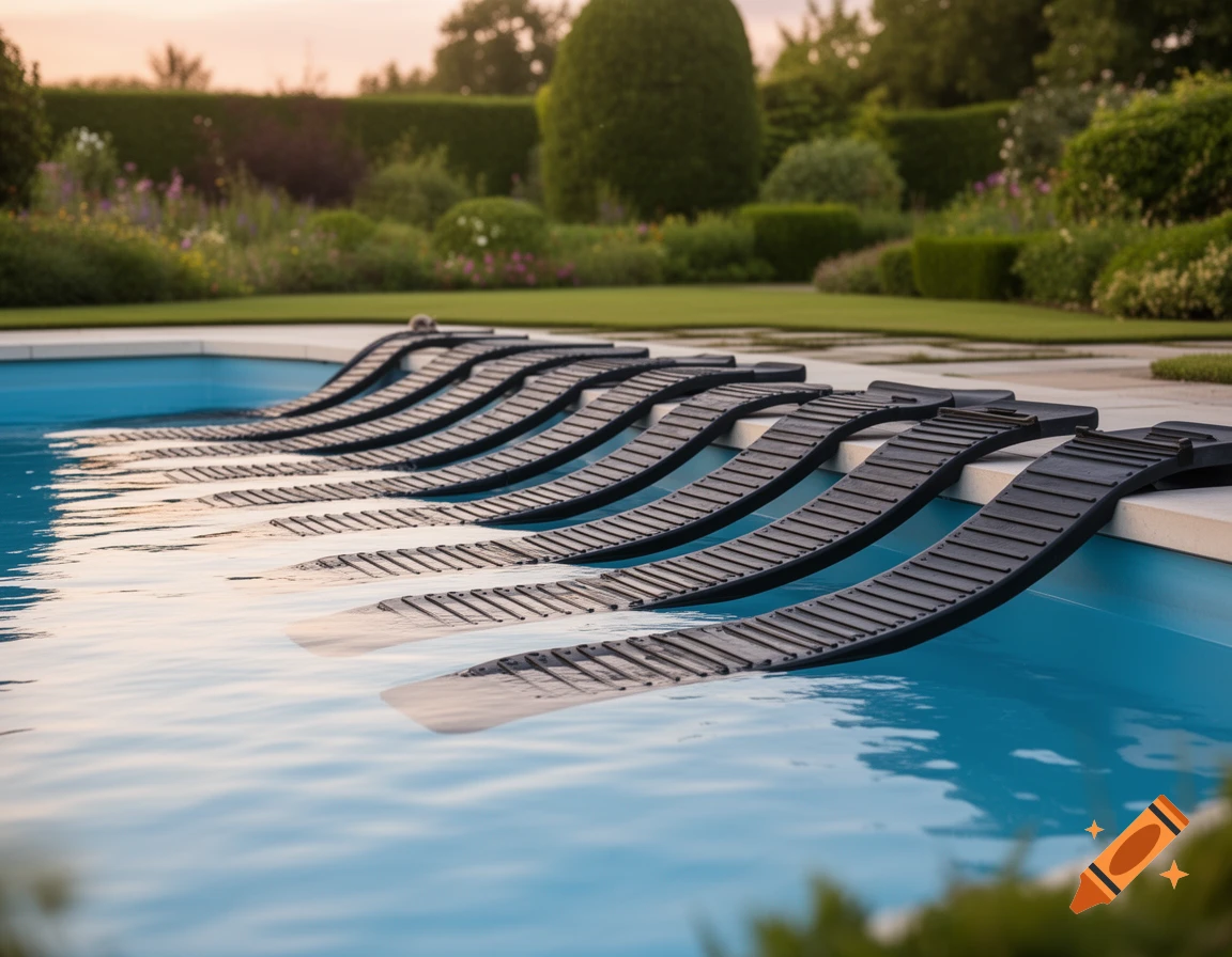 A luxurious garden swimming pool with multiple black slatted animal escape ramps leading into the clear blue water during sunset.