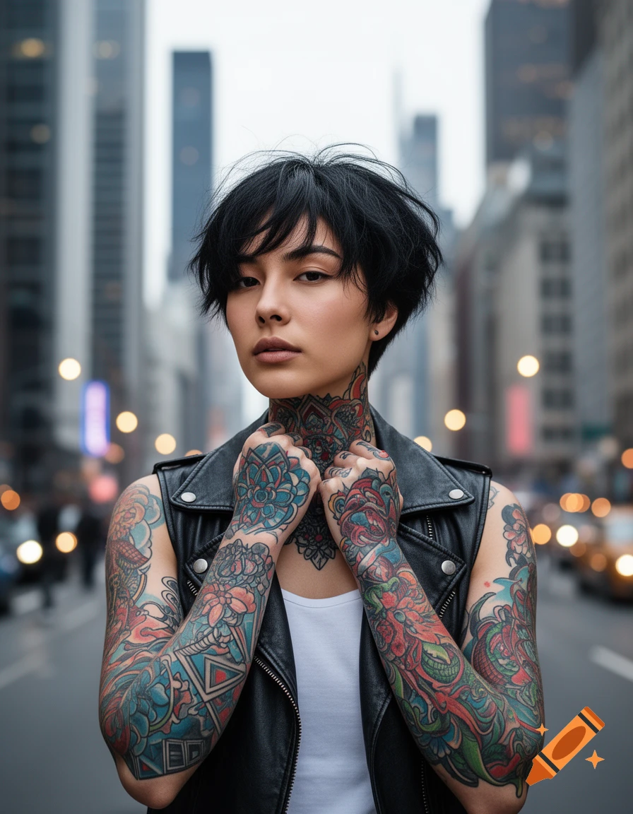 Photorealistic portrait of a young woman with short black hair, colorful full sleeve and neck tattoos, wearing a leather vest, on a city street.