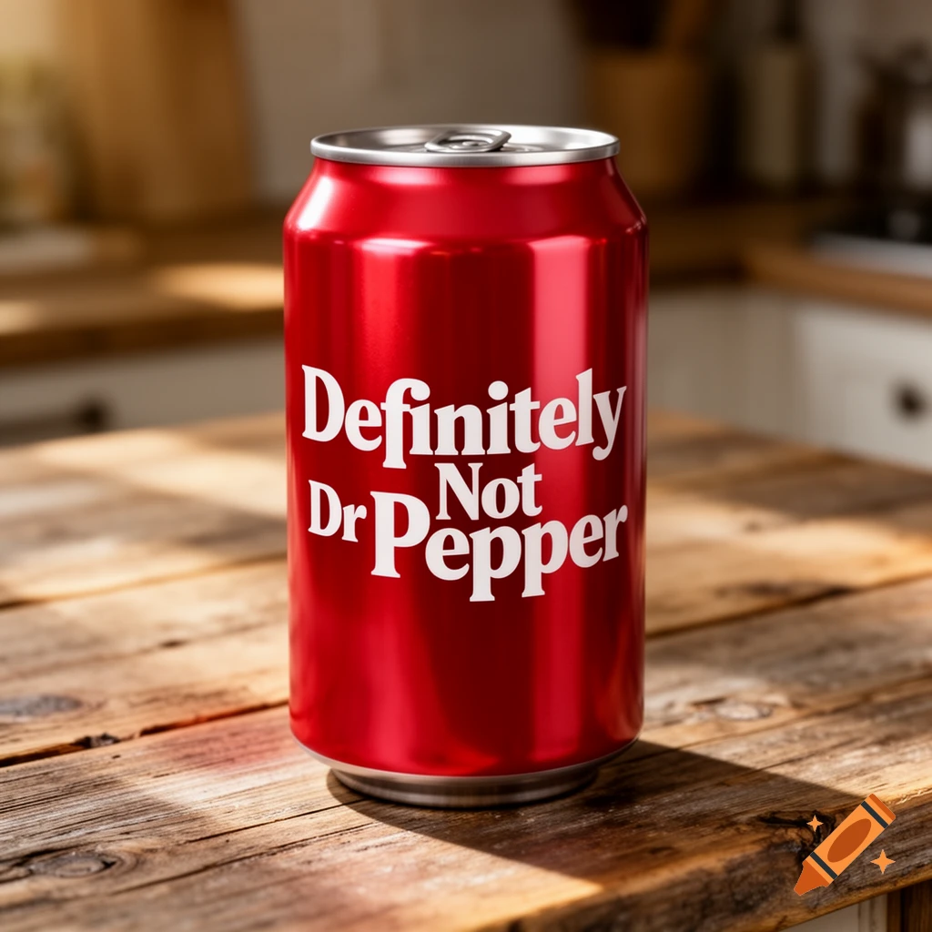 Photorealistic red soda can with "Definitely Not Dr Pepper" text on a wooden kitchen table.